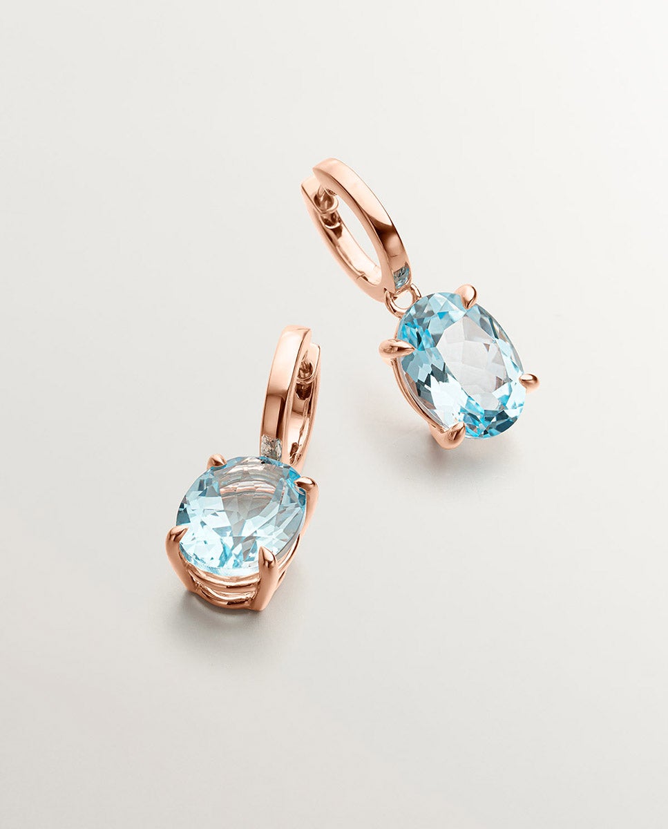 Brincos de Argola Grandes de Prata 925 Banhada a Ouro Rosa de 18k com Topázio Azul Sky Azul-3