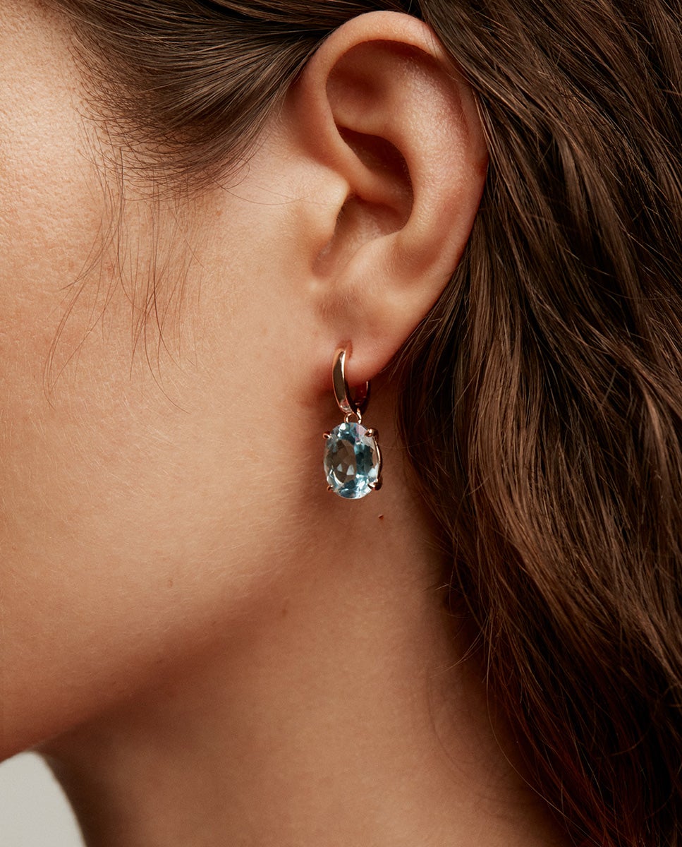 Brincos de Argola Grandes de Prata 925 Banhada a Ouro Rosa de 18k com Topázio Azul Sky Azul-4