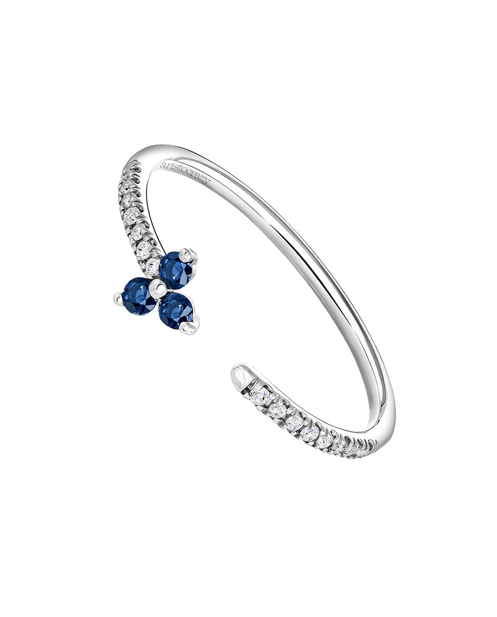 Anel de Ouro Branco de 9k com Diamantes e Trevo de Safiras Azuis Azul-1