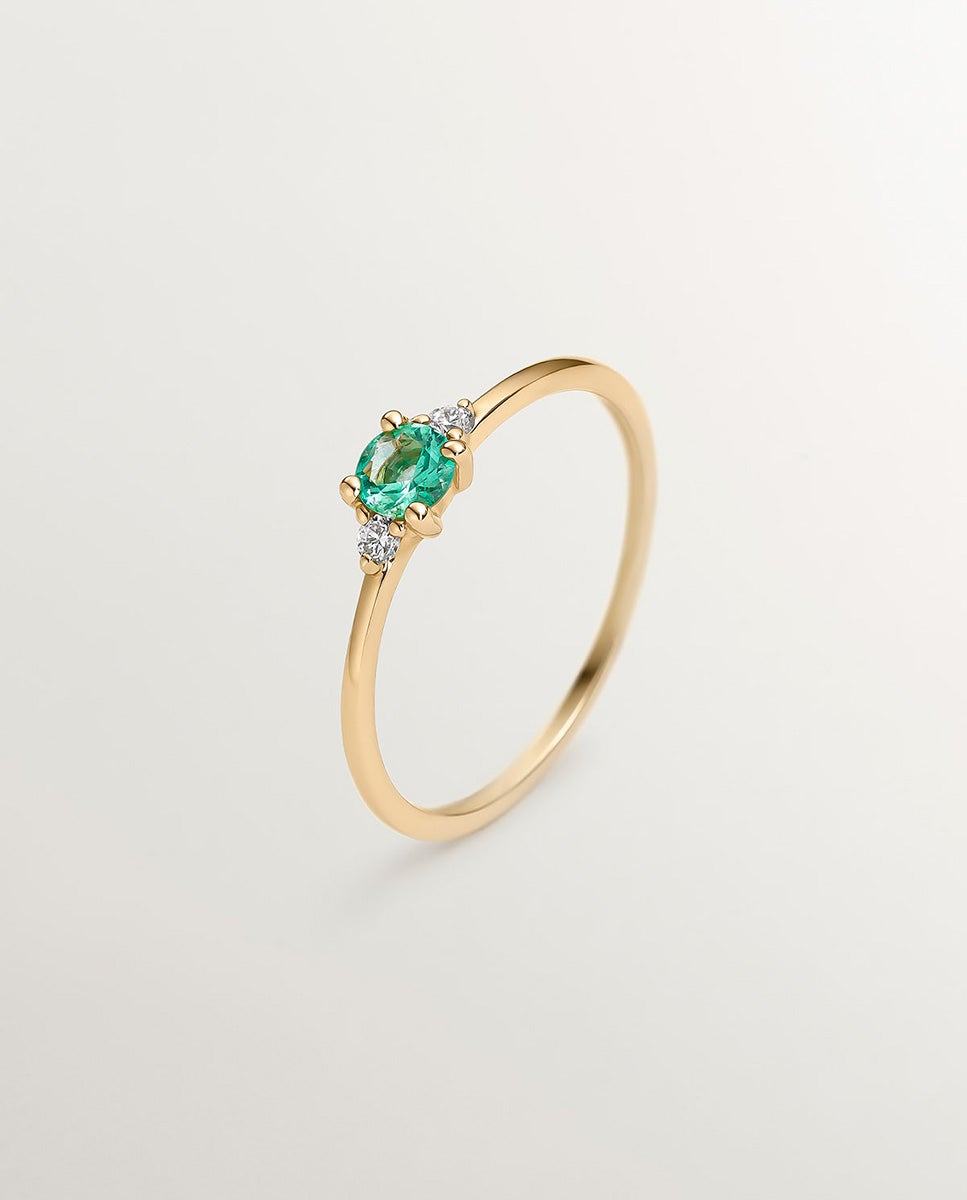 Anel Tresillo de Ouro Amarelo de 9k com Esmeralda e Diamantes Verde-1