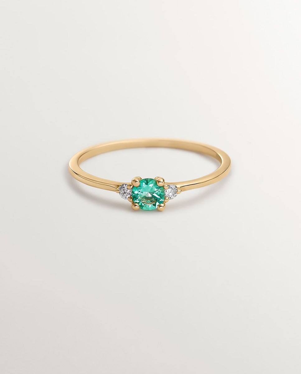 Anel Tresillo de Ouro Amarelo de 9k com Esmeralda e Diamantes Verde-3