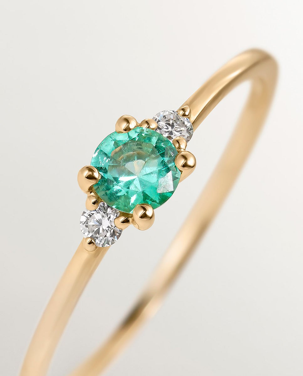 Anel Tresillo de Ouro Amarelo de 9k com Esmeralda e Diamantes Verde-5