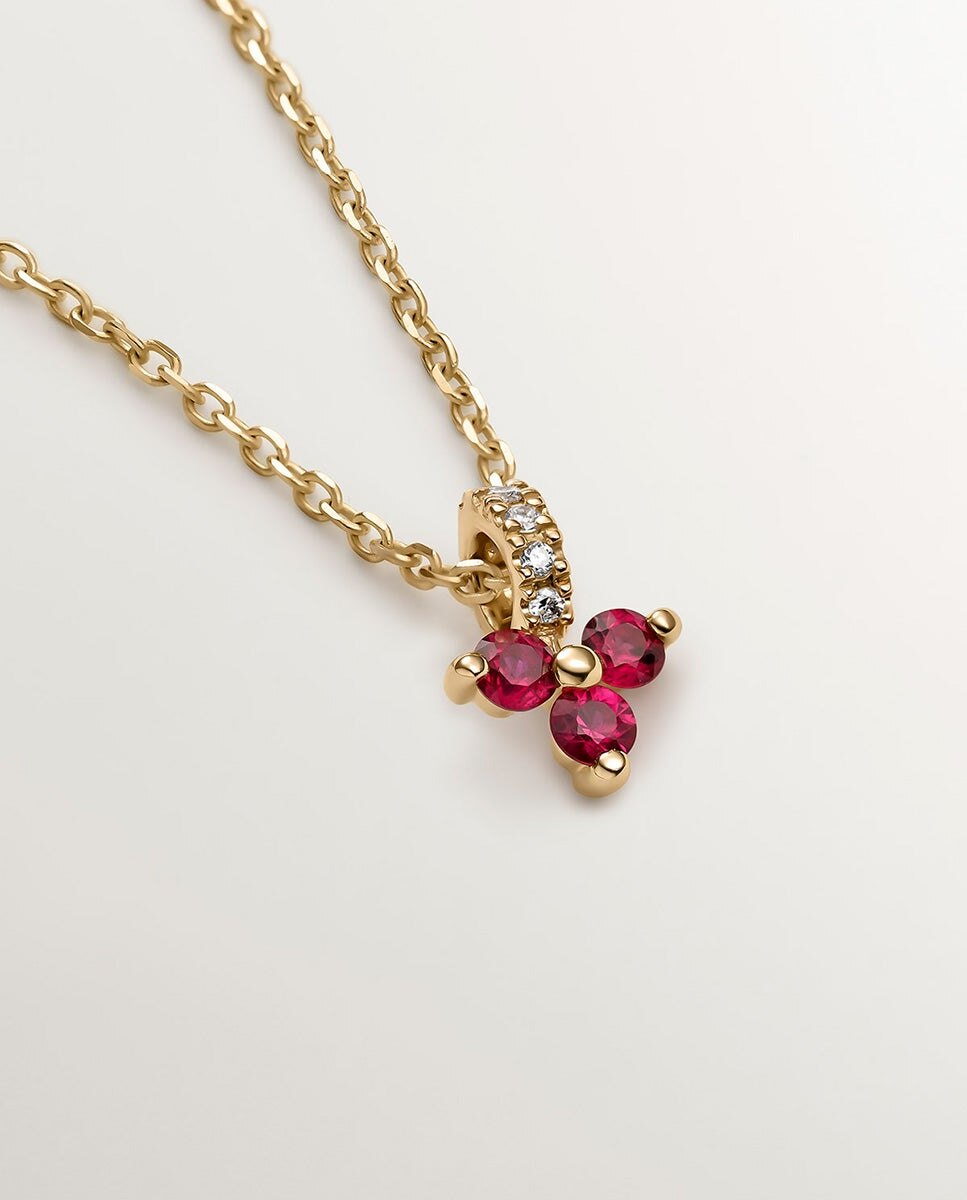 Pendentes de Ouro Amarelo de 9k com Trevo de Rubis Vermelhos e Diamantes Vermelho-3
