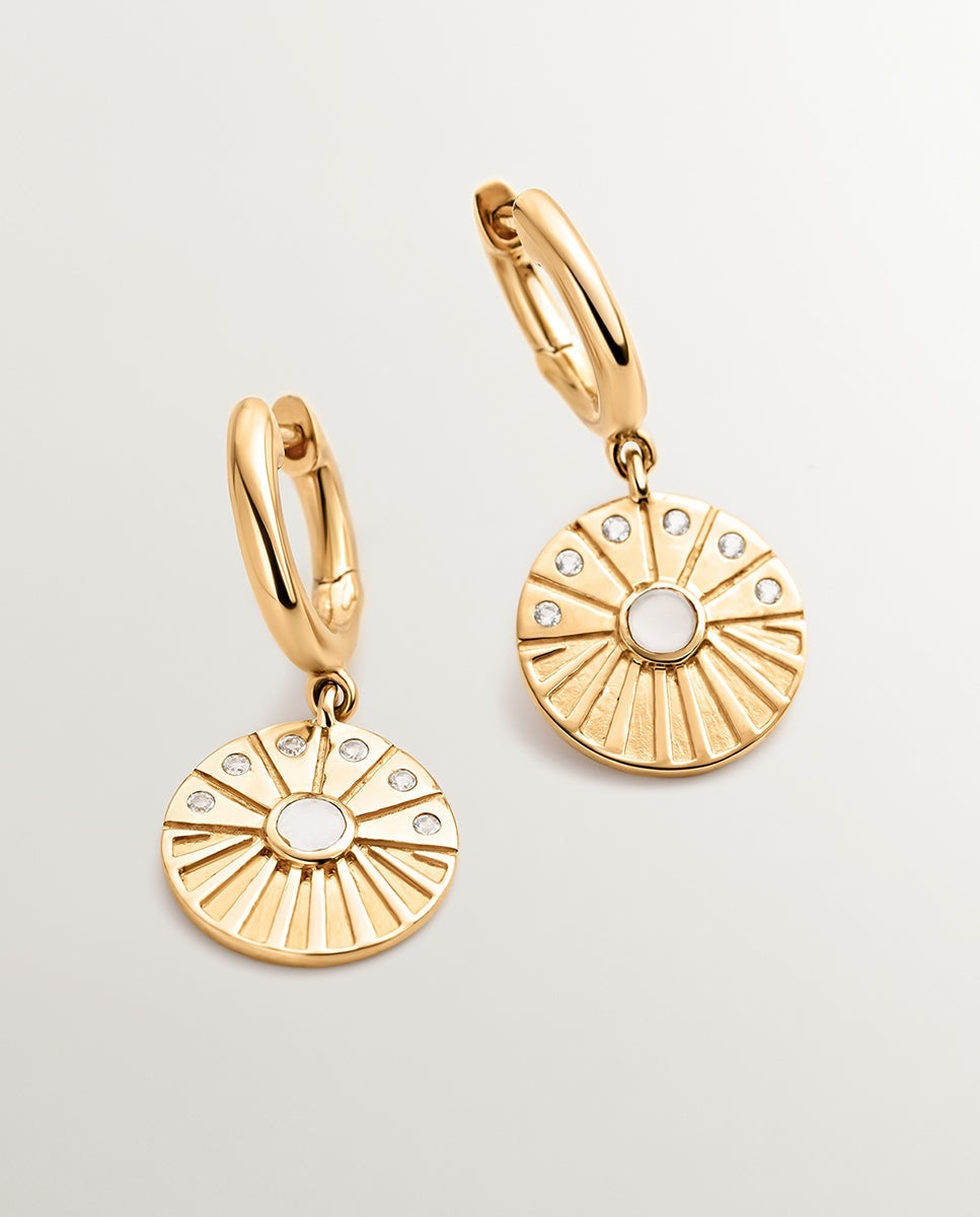 Brincos de Prata 925 Banhada em Ouro Amarelo de 18k com Topázios Brancos e Pedra Lua Branco-1
