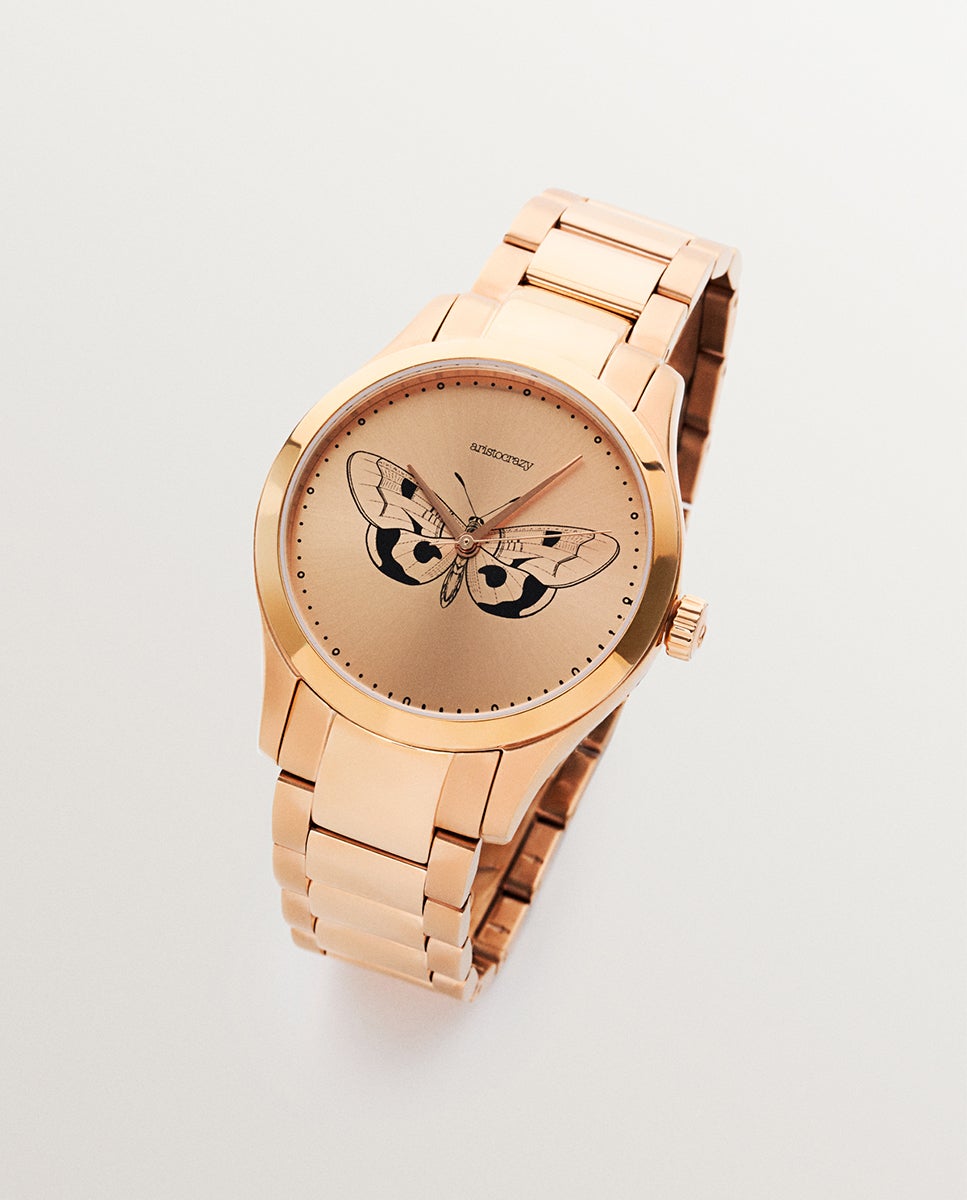 Imagem 0 de Relógio Savage com Bracelete de Aço e Esfera Rosa com Detalhe de Borboleta