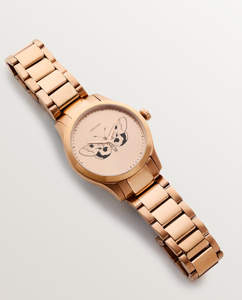 Relógio Savage com Bracelete de Aço e Esfera Rosa com Detalhe de Borboleta Rosa-2