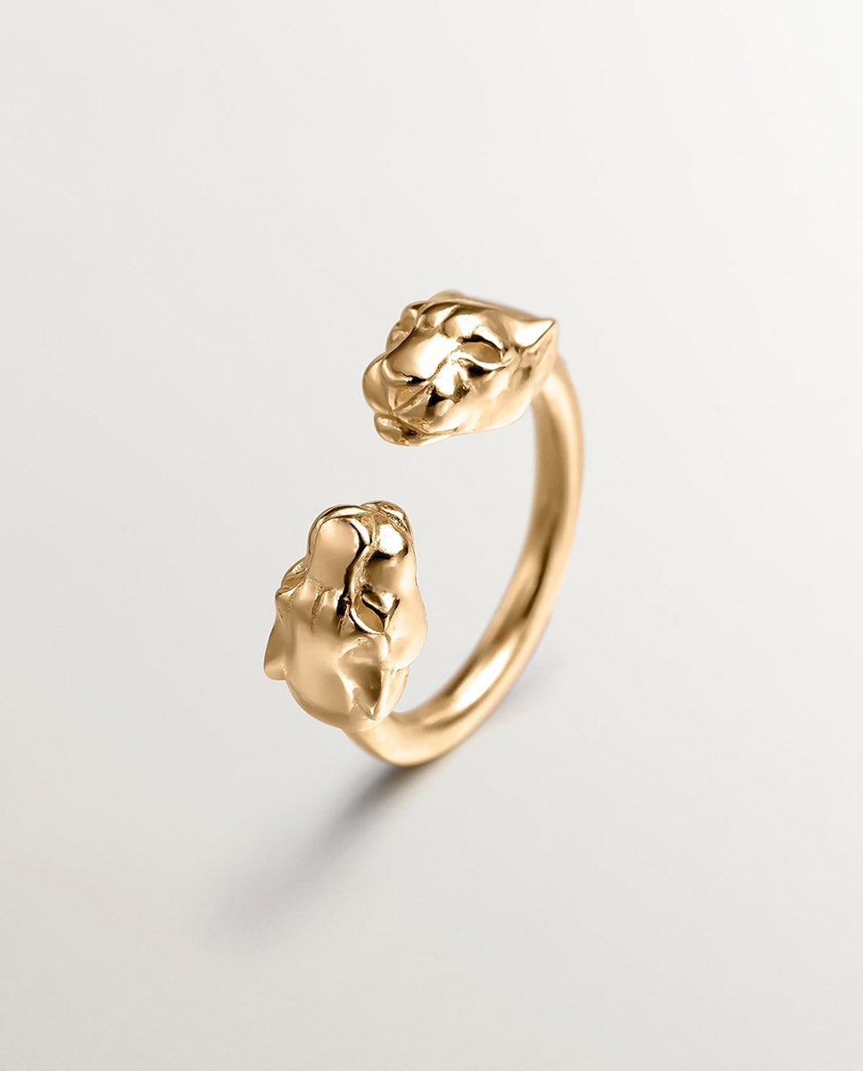 Anel Tu e Eu de Prata 925 Banhada em Ouro Amarelo de 18k com Cabeças de Pantera Ouro-1