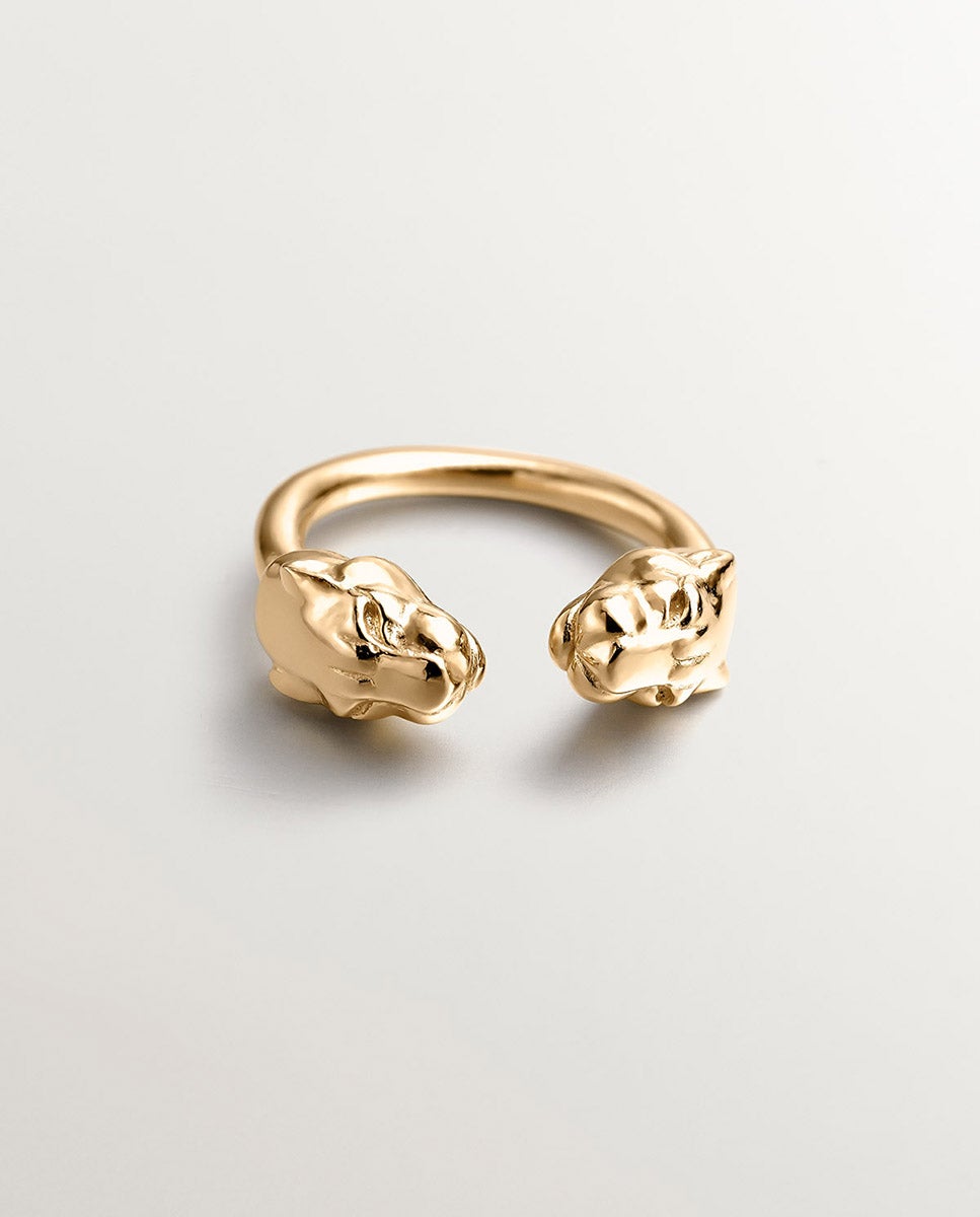 Anel Tu e Eu de Prata 925 Banhada em Ouro Amarelo de 18k com Cabeças de Pantera Ouro-3