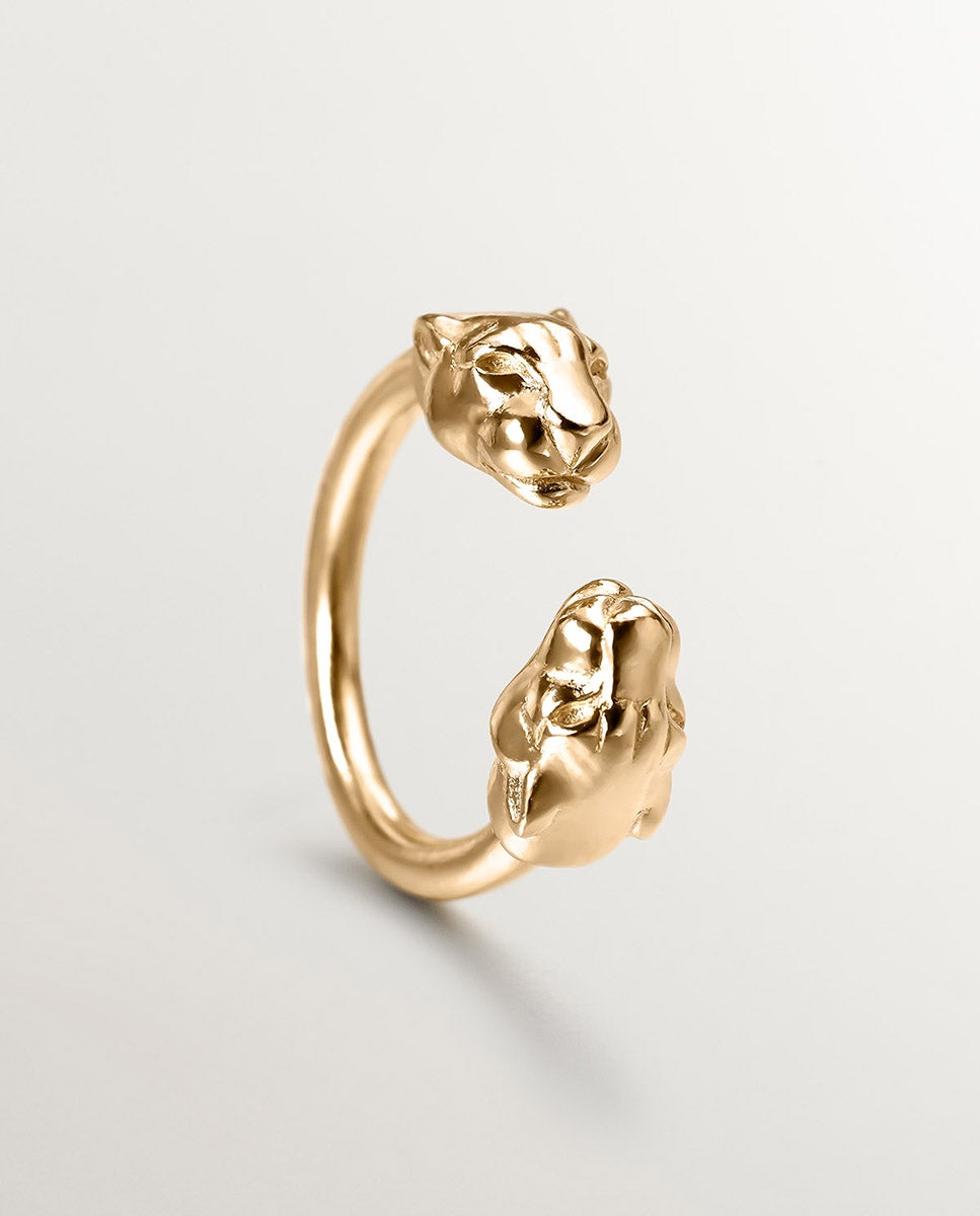 Anel Tu e Eu de Prata 925 Banhada em Ouro Amarelo de 18k com Cabeças de Pantera Ouro-5