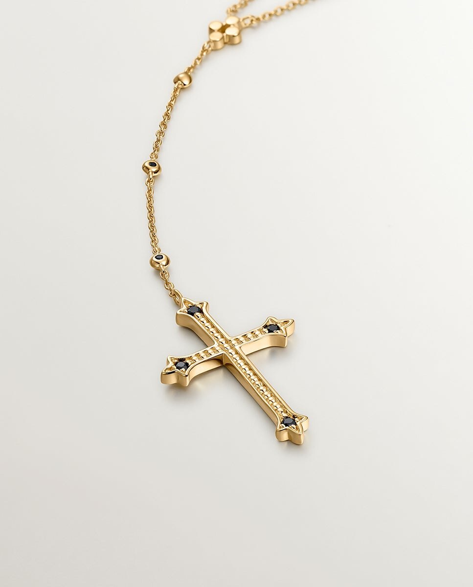 Colar de Prata 925 Banhada em Ouro Amarelo de 18k com Cruz Grande e Espinelas Preto-3