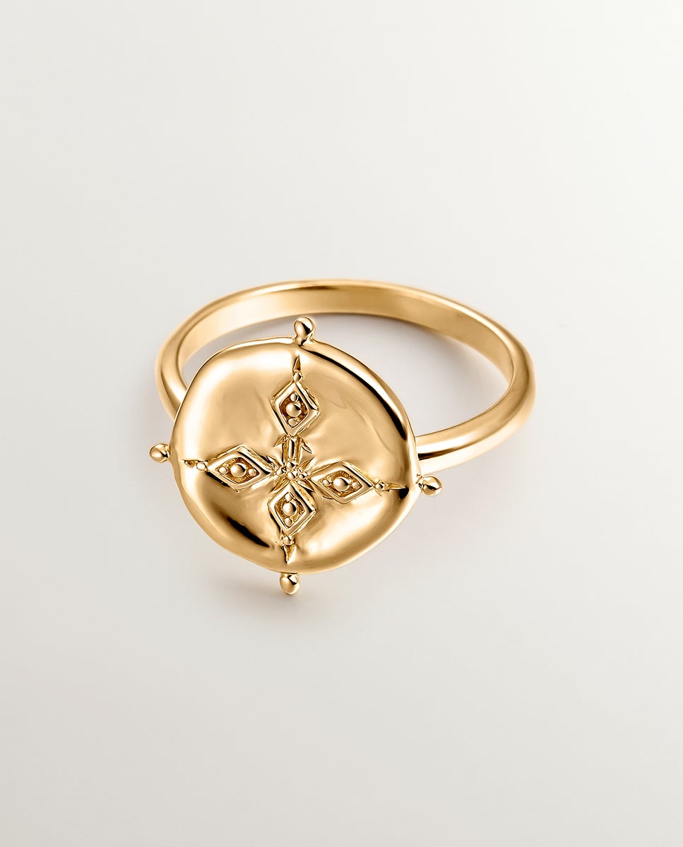 Anel de Prata 925 Banhada em Ouro Amarelo de 18k com Forma de Medalha Ouro-3