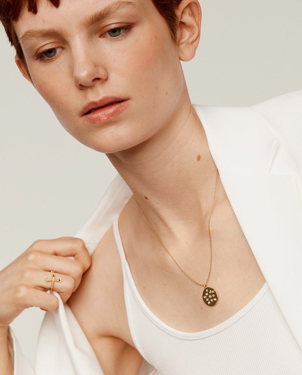 Pendentes de Prata 925 Banhada em Ouro Amarelo de 18k com Medalha e Topázios Brancos Branco-6