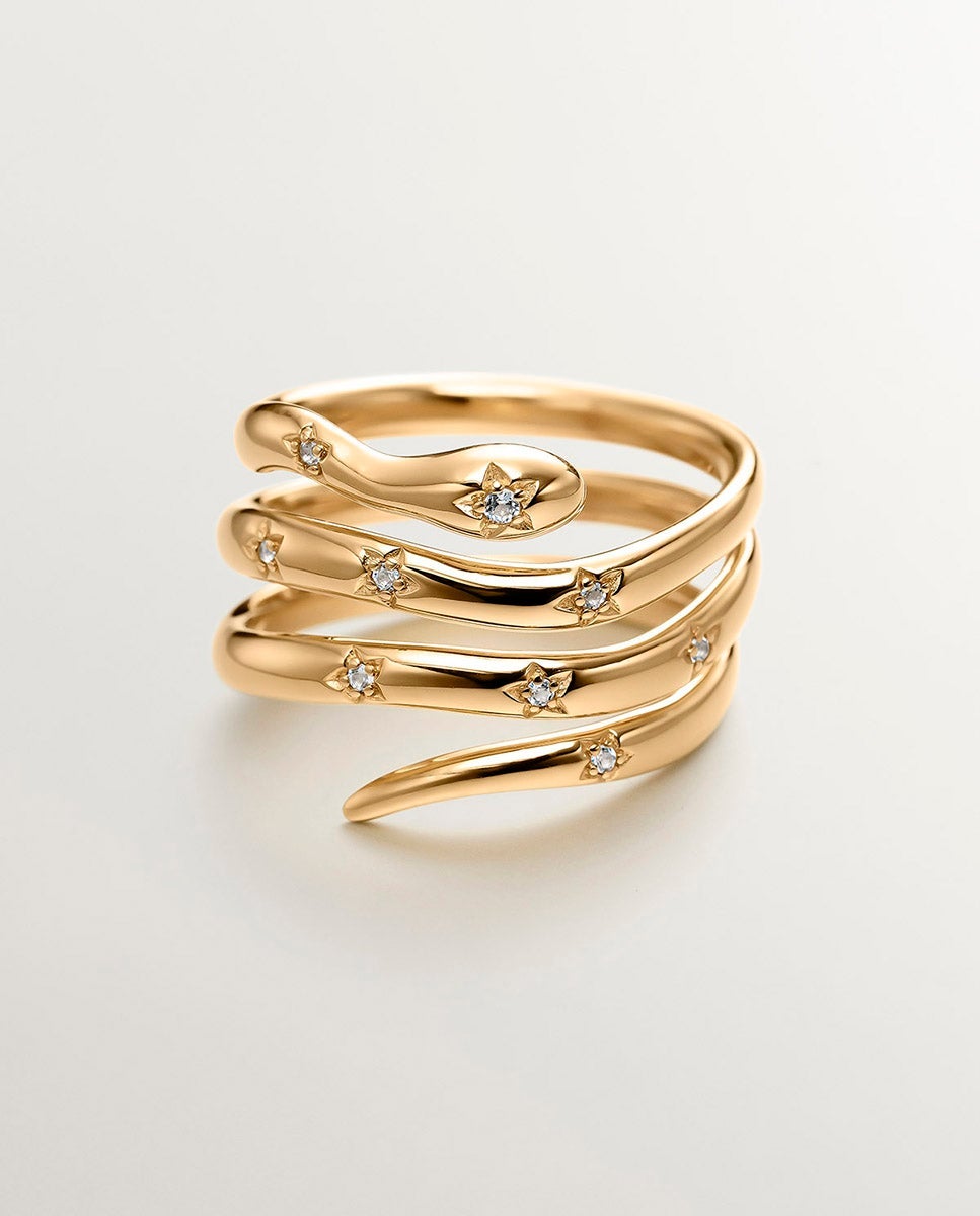 Anel Triplo de Prata 925 Banhada em Ouro Amarelo de 18k com Forma de Serpente e Topázios Brancos Transparente-3