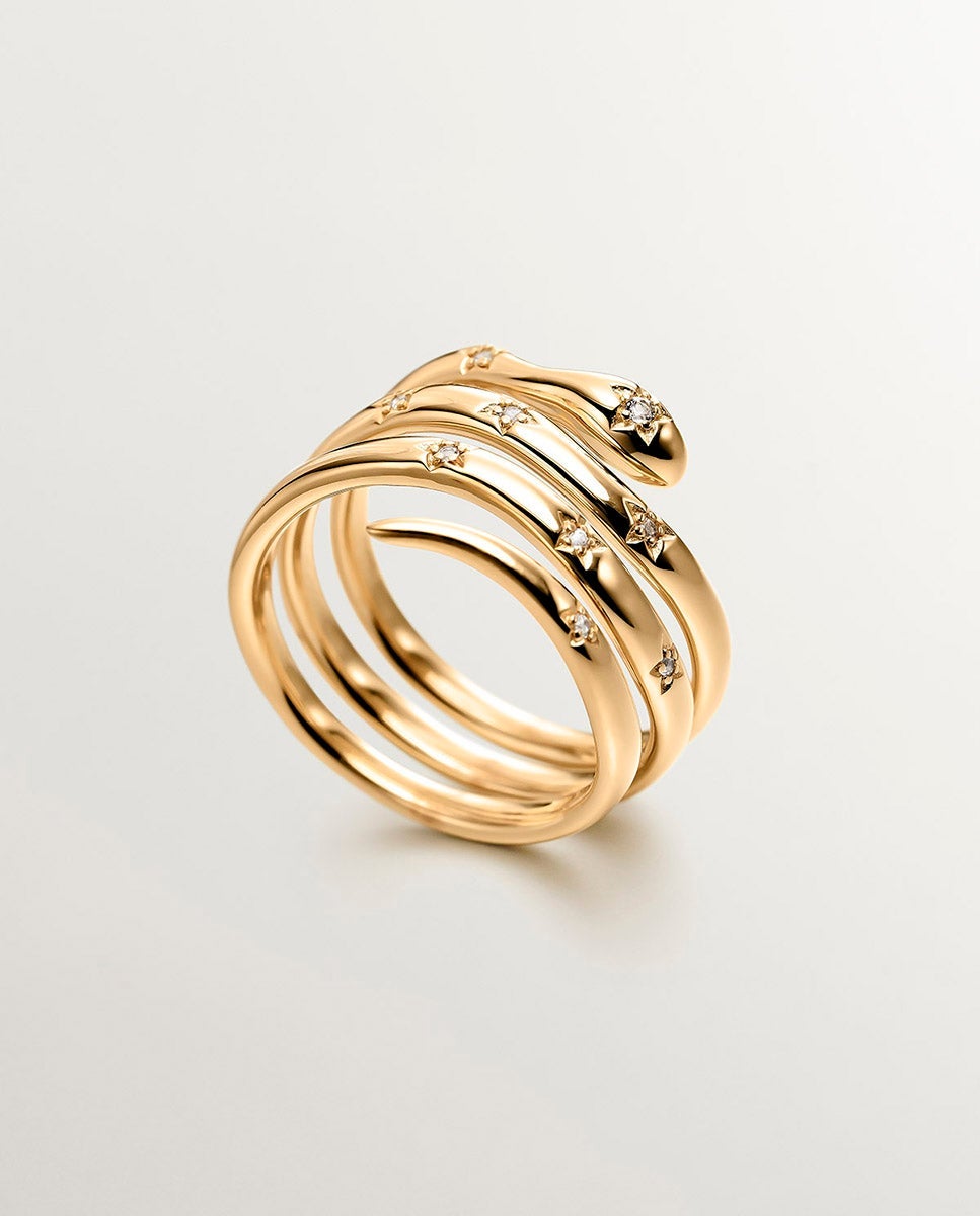 Anel Triplo de Prata 925 Banhada em Ouro Amarelo de 18k com Forma de Serpente e Topázios Brancos Transparente-5