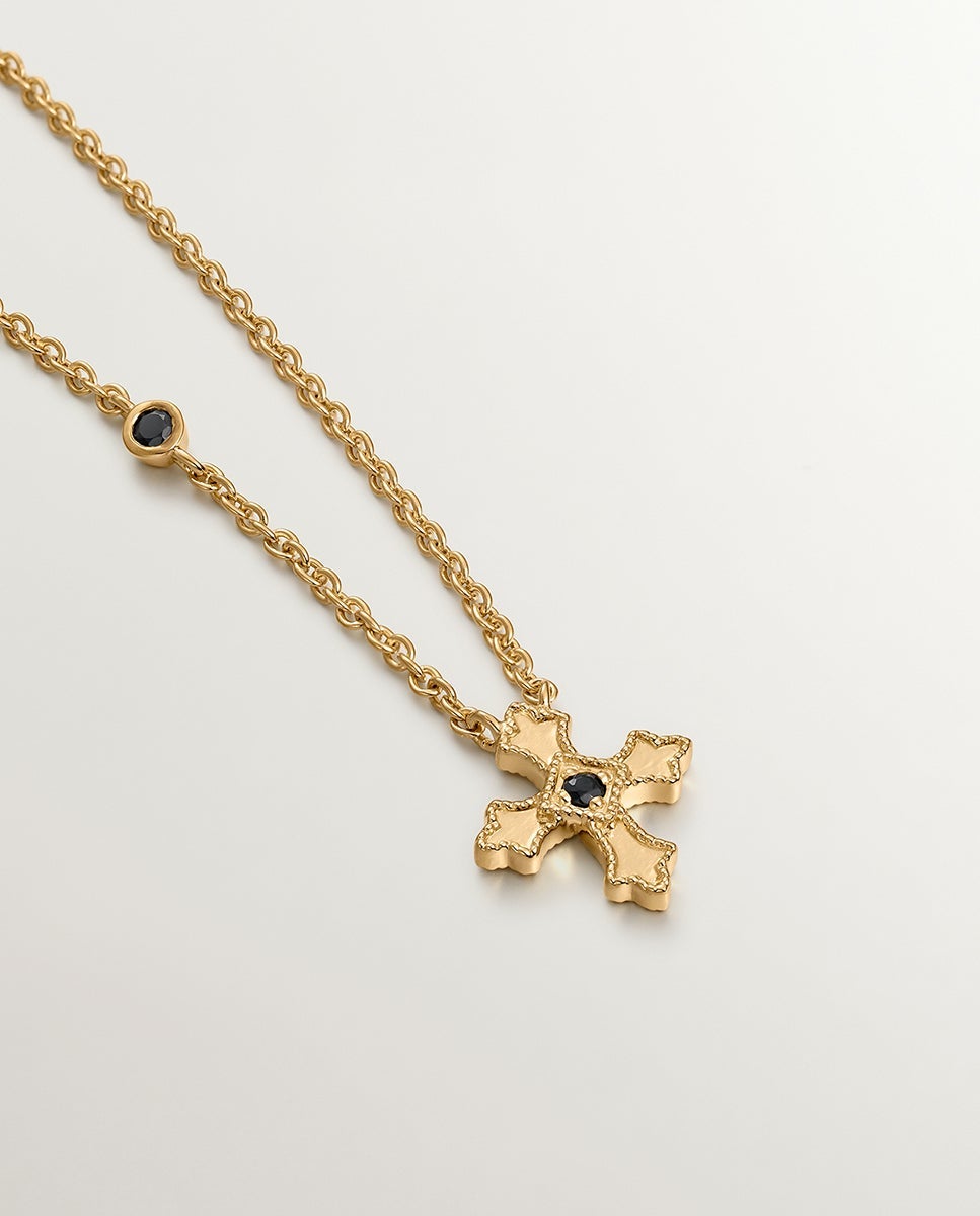 Corrente com Pendentes de Prata 925 Banhada a Ouro Amarelo de 18k com Cruz Pequena e Espinelas Preto-3