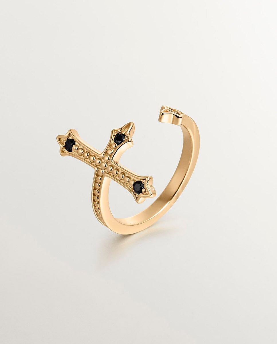Anel Tu e Eu de Prata 925 Banhada em Ouro Amarelo de 18k com Forma de Cruz e Espinelas Negras Preto-1