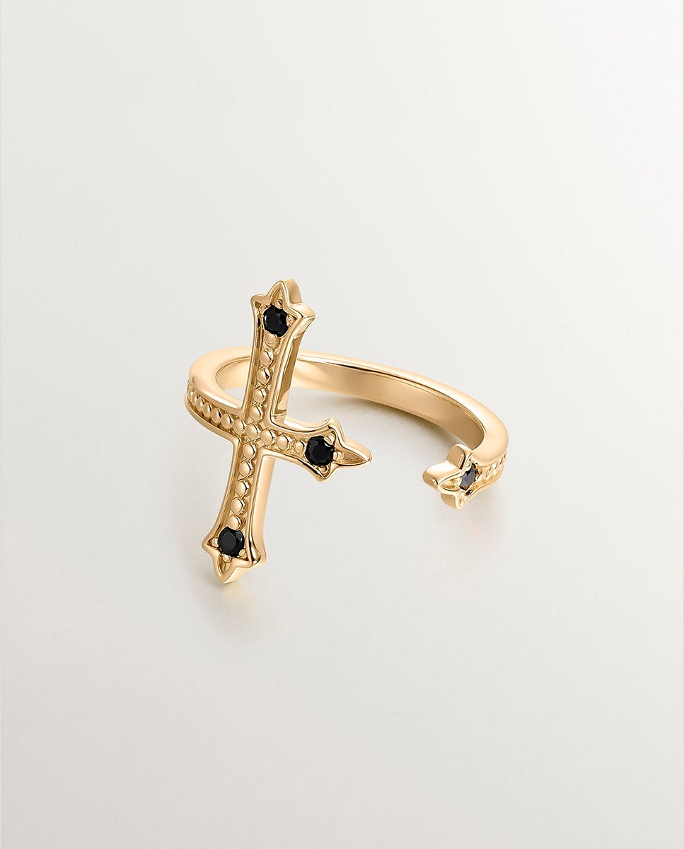 Anel Tu e Eu de Prata 925 Banhada em Ouro Amarelo de 18k com Forma de Cruz e Espinelas Negras Preto-3