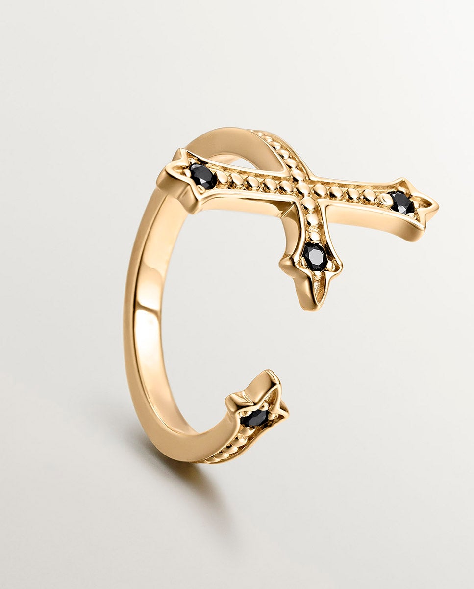 Anel Tu e Eu de Prata 925 Banhada em Ouro Amarelo de 18k com Forma de Cruz e Espinelas Negras Preto-5
