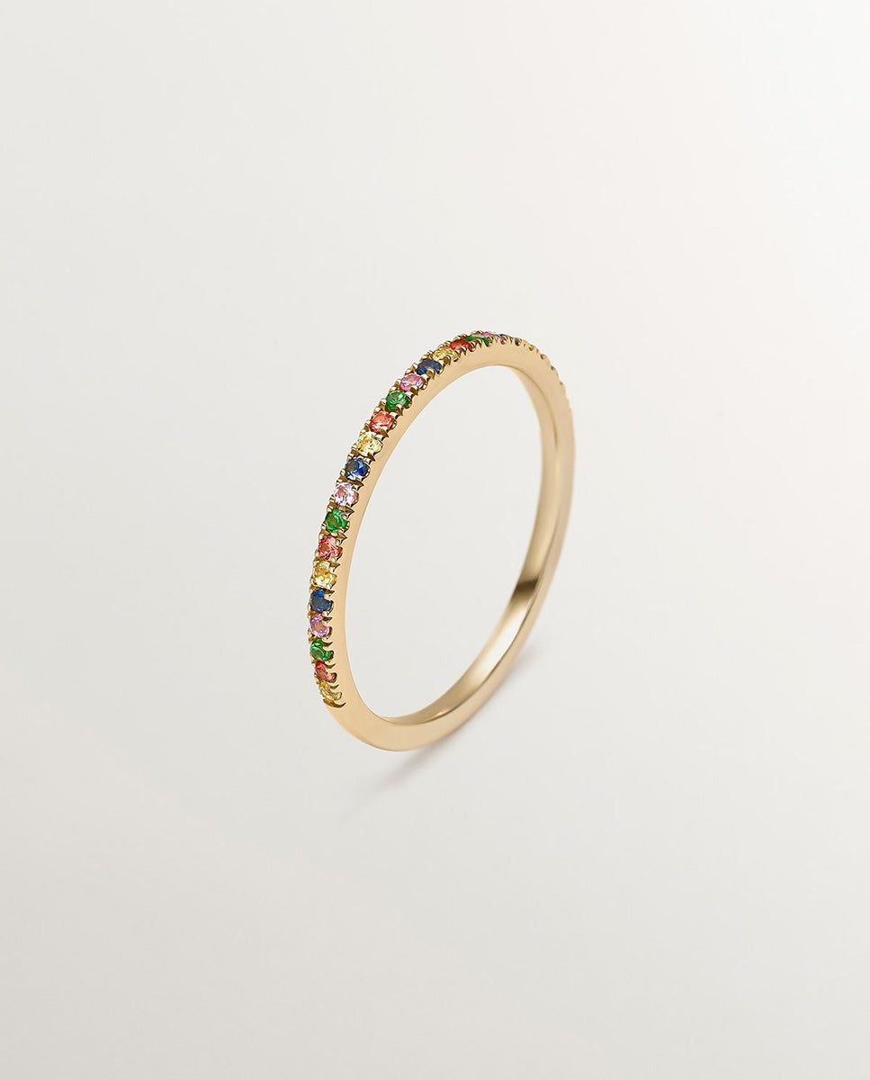Anel de Ouro Amarelo de 9k com Tsavoritas e Safiras Multicolor Multicolor-1
