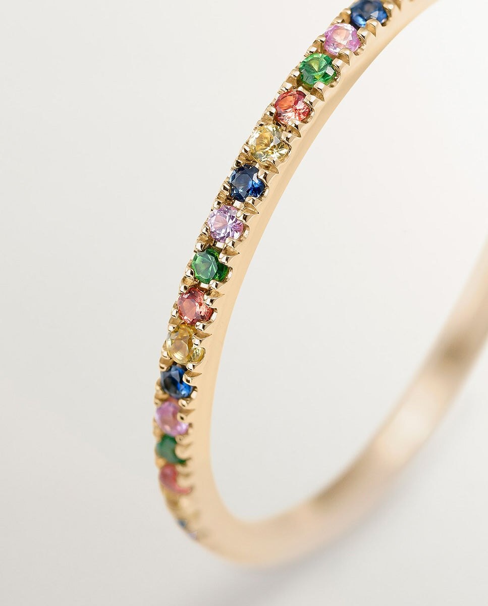 Anel de Ouro Amarelo de 9k com Tsavoritas e Safiras Multicolor Multicolor-5