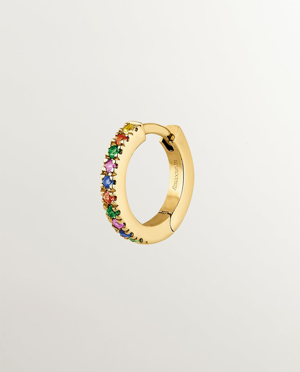 Brinco Individual de Argola de Ouro Amarelo 9k com Tsavoritas e Safiras Multicolor Multicolor-1