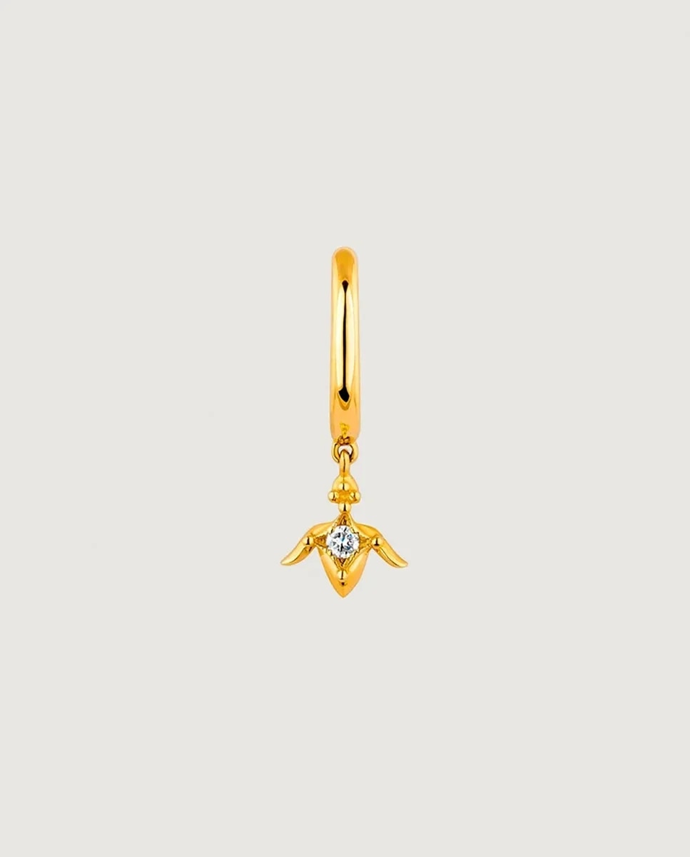 Brinco Individual de Argola Pequena de Ouro Amarelo 9k com Diamante e Flor de Lótus Branco-1