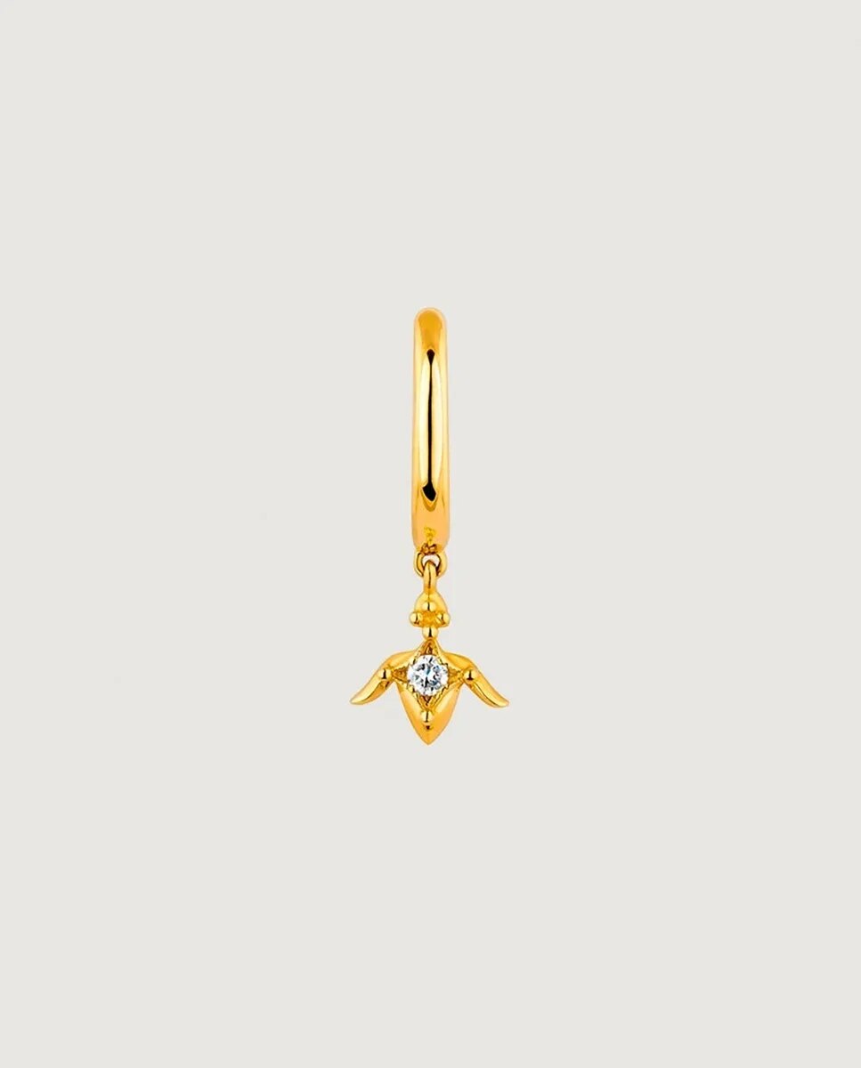 Brinco Individual de Argola Pequena de Ouro Amarelo 9k com Diamante e Flor de Lótus Branco-2