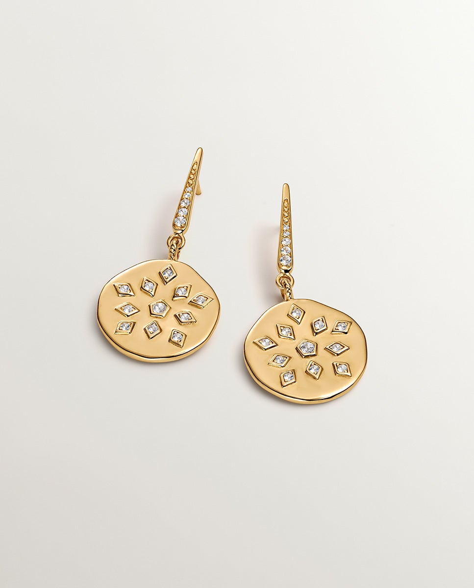 Brincos de Prata 925 Banhada em Ouro Amarelo de 18k com Forma de Medalha Irregular e Topázios Brancos Branco-3