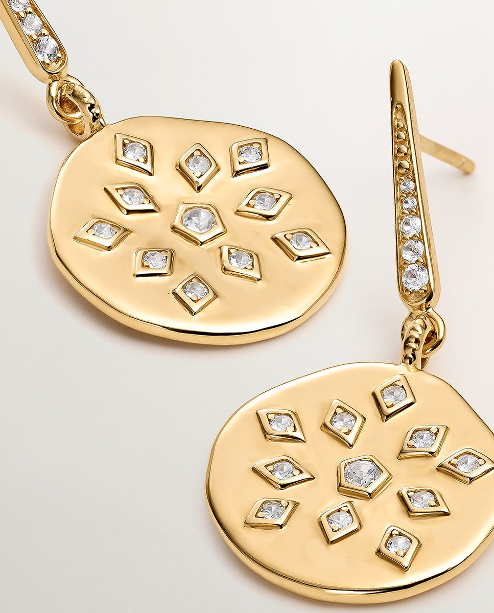 Brincos de Prata 925 Banhada em Ouro Amarelo de 18k com Forma de Medalha Irregular e Topázios Brancos Branco-5