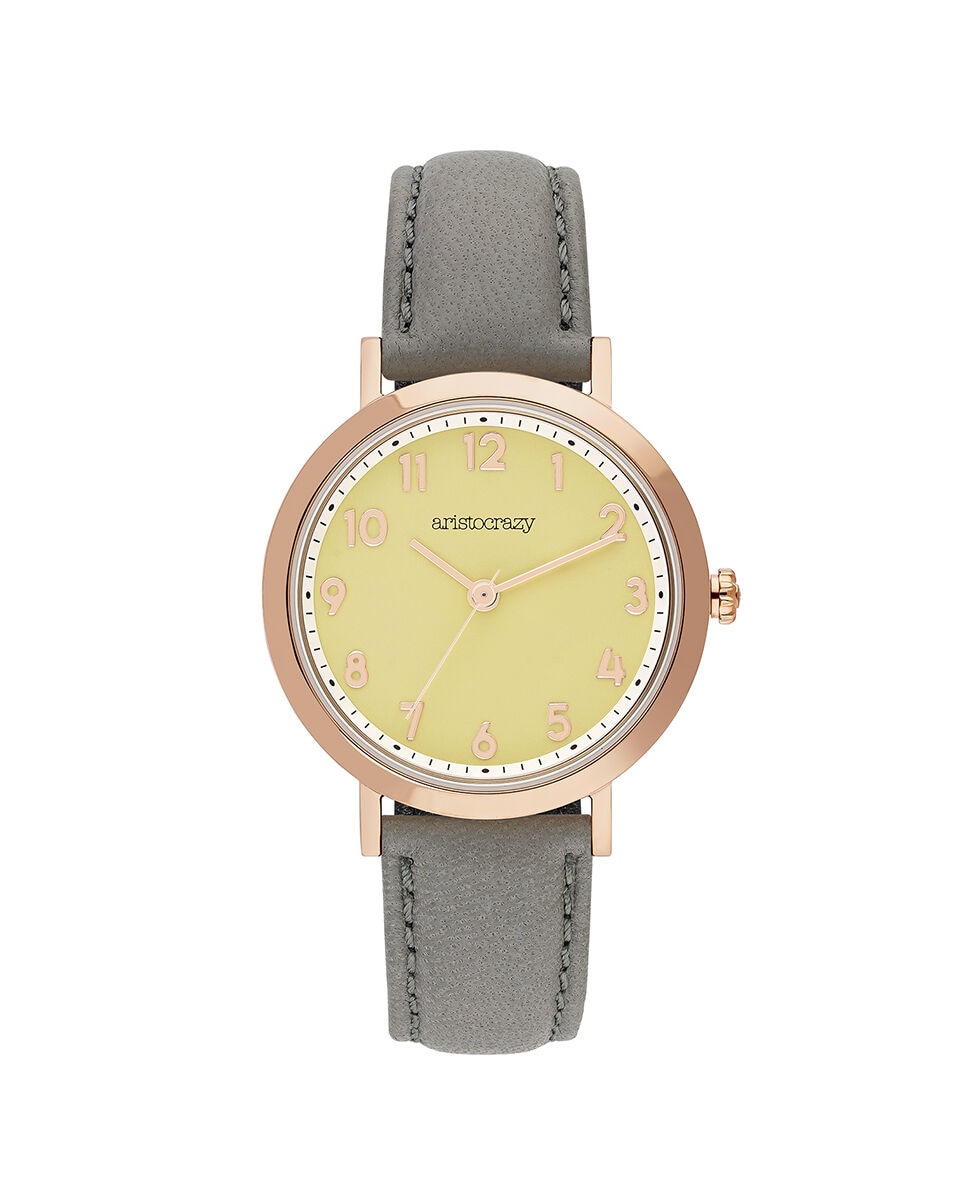 Imagem 0 de Relógio Venice Beach de Aço Rosa com Bracelete de Couro em Cinzento e Esfera Amarela