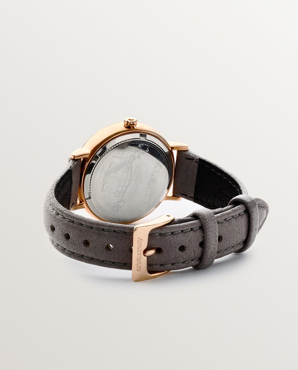 Relógio Venice Beach de Aço Rosa com Bracelete de Couro em Cinzento e Esfera Amarela Cinzento-3