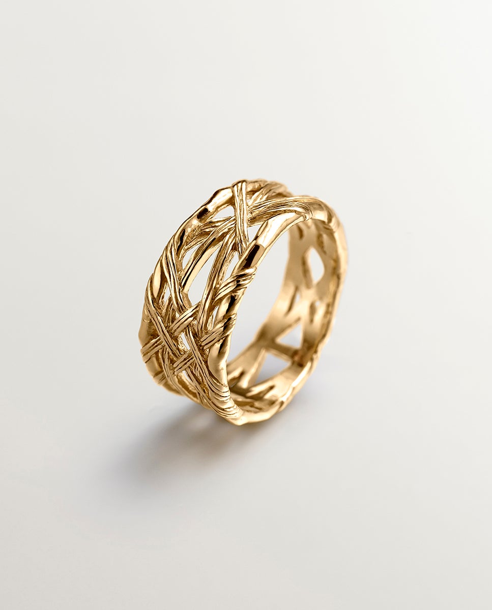 Anel de Prata 925 Banhada em Ouro Amarelo de 18k com Textura Mimbre Ouro-1