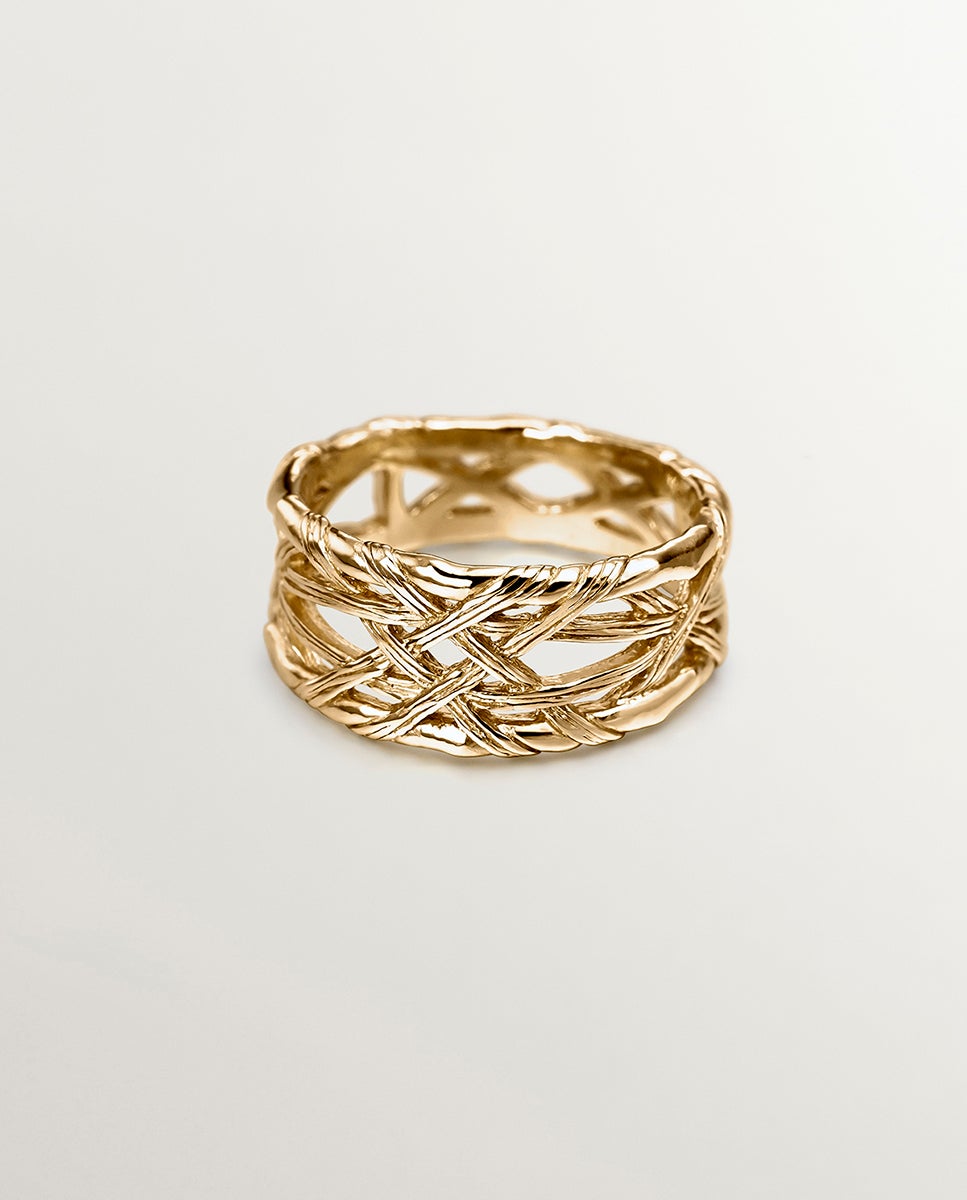 Anel de Prata 925 Banhada em Ouro Amarelo de 18k com Textura Mimbre Ouro-3