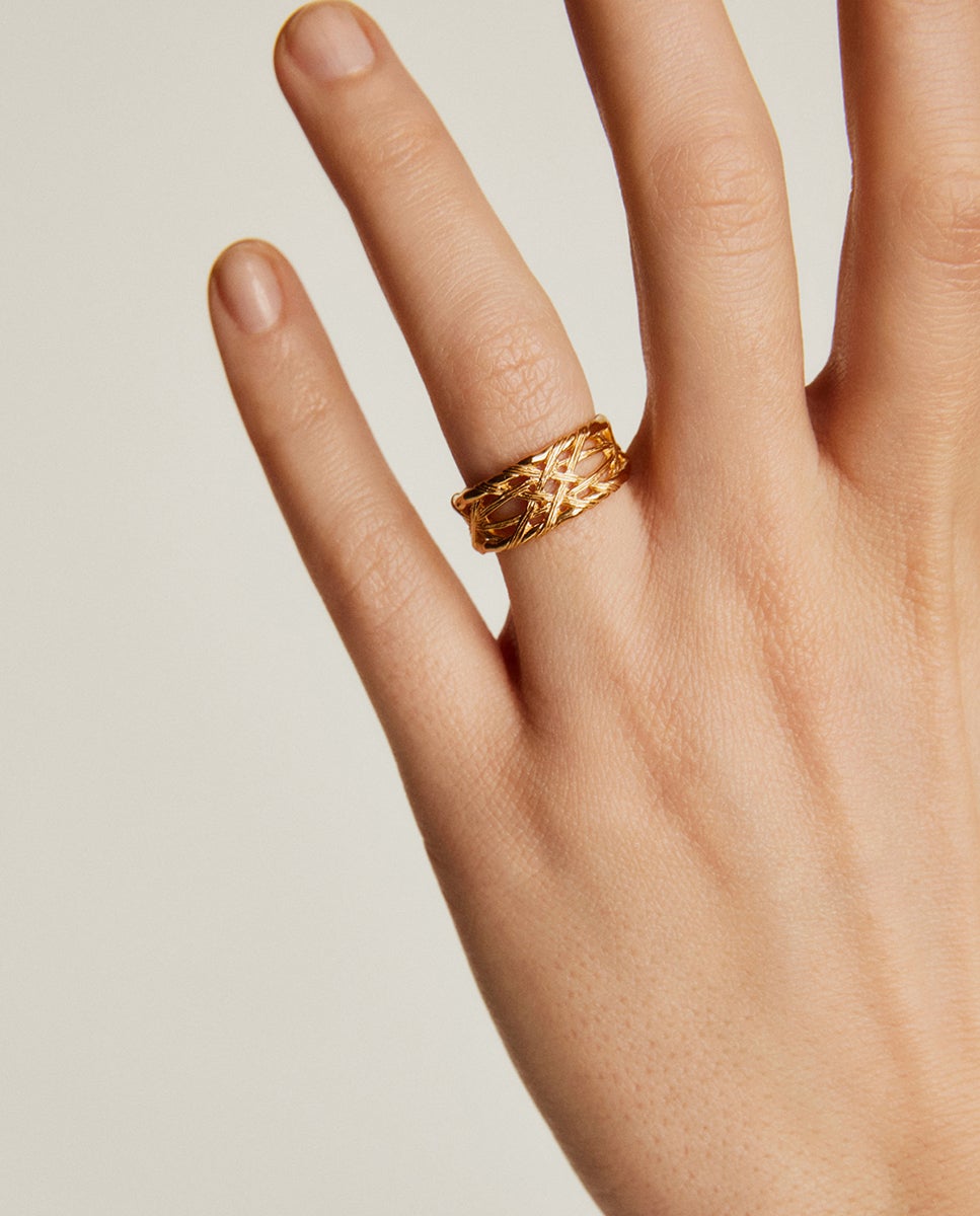 Anel de Prata 925 Banhada em Ouro Amarelo de 18k com Textura Mimbre Ouro-4