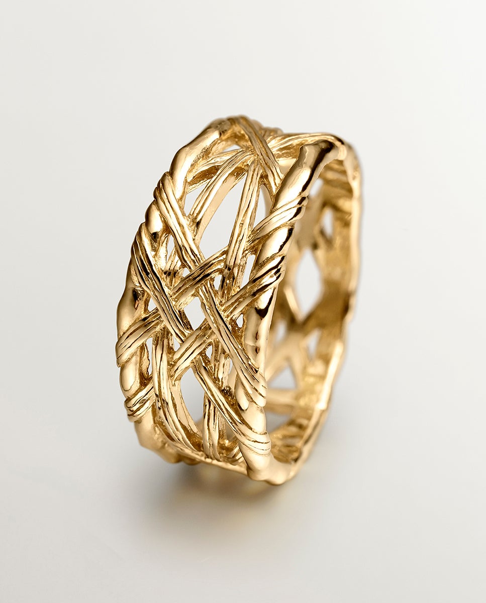 Anel de Prata 925 Banhada em Ouro Amarelo de 18k com Textura Mimbre Ouro-5