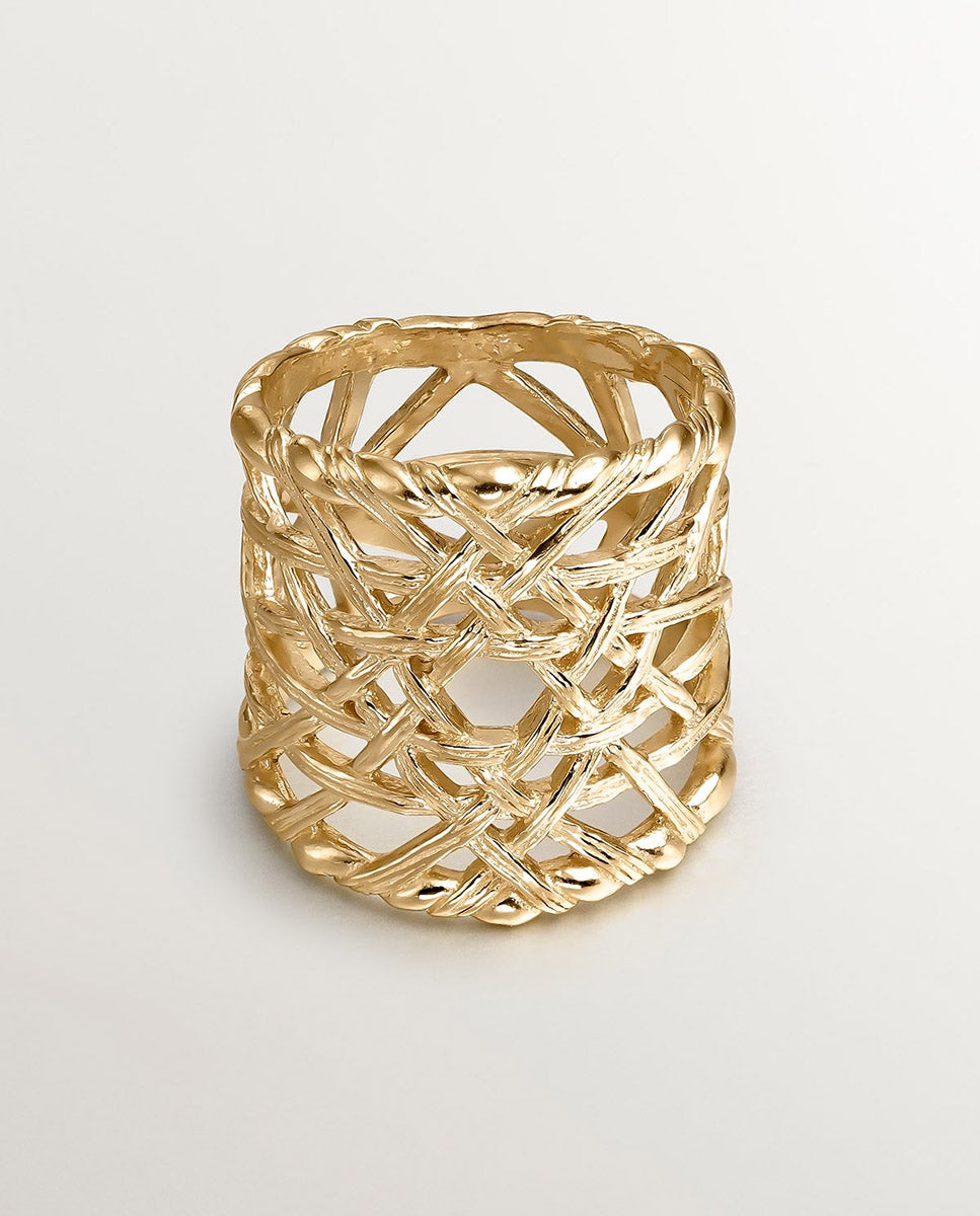 Anel Largo de Prata 925 Banhada a Ouro Amarelo de 18k com Textura Mimbre Ouro-1