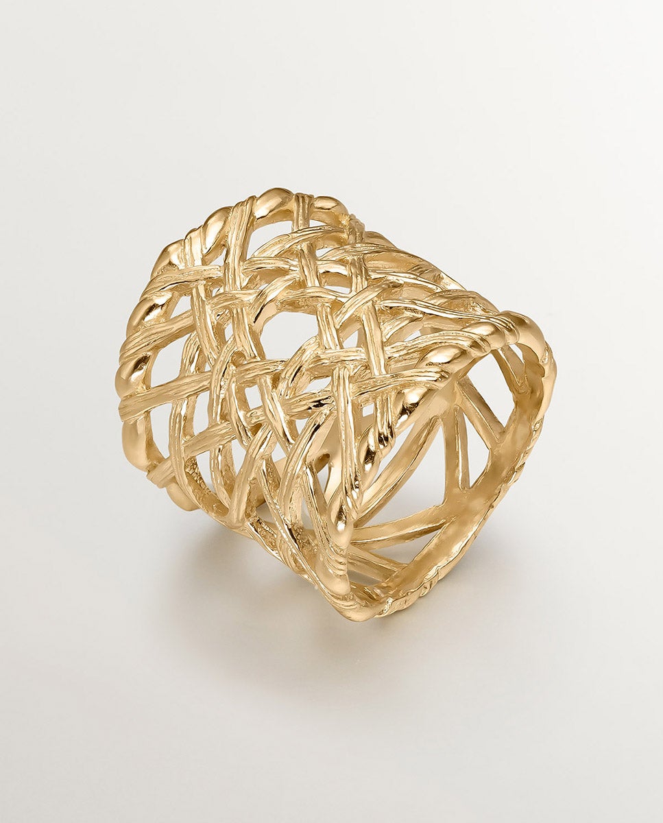Anel Largo de Prata 925 Banhada a Ouro Amarelo de 18k com Textura Mimbre Ouro-3