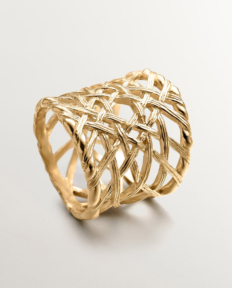 Anel Largo de Prata 925 Banhada a Ouro Amarelo de 18k com Textura Mimbre Ouro-5