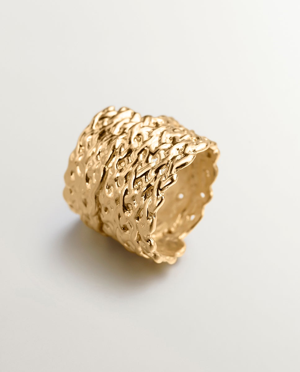 Anel Largo de Prata 925 Banhada em Ouro Amarelo de 18k com Textura de Vime Ouro-1