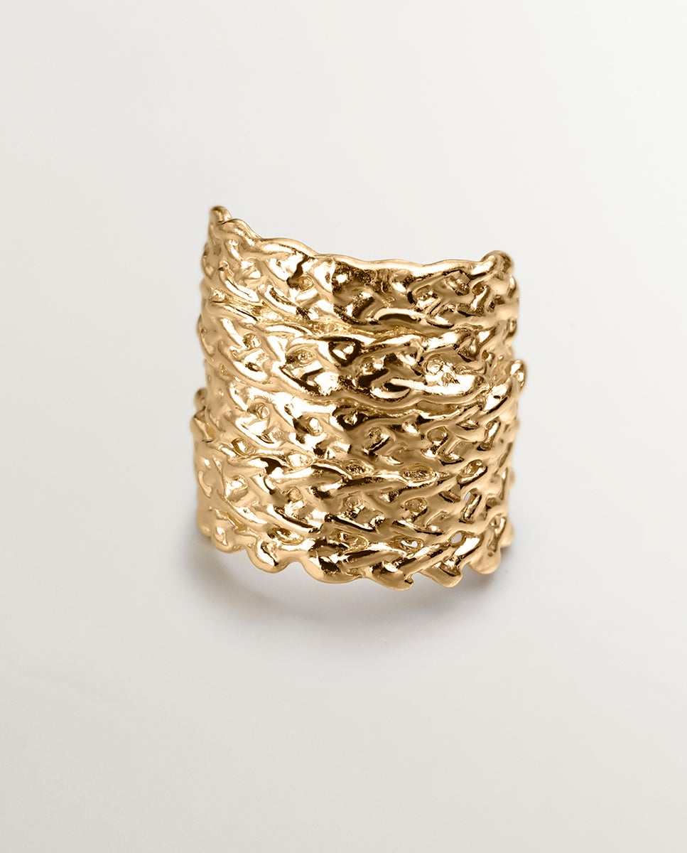 Anel Largo de Prata 925 Banhada em Ouro Amarelo de 18k com Textura de Vime Ouro-3