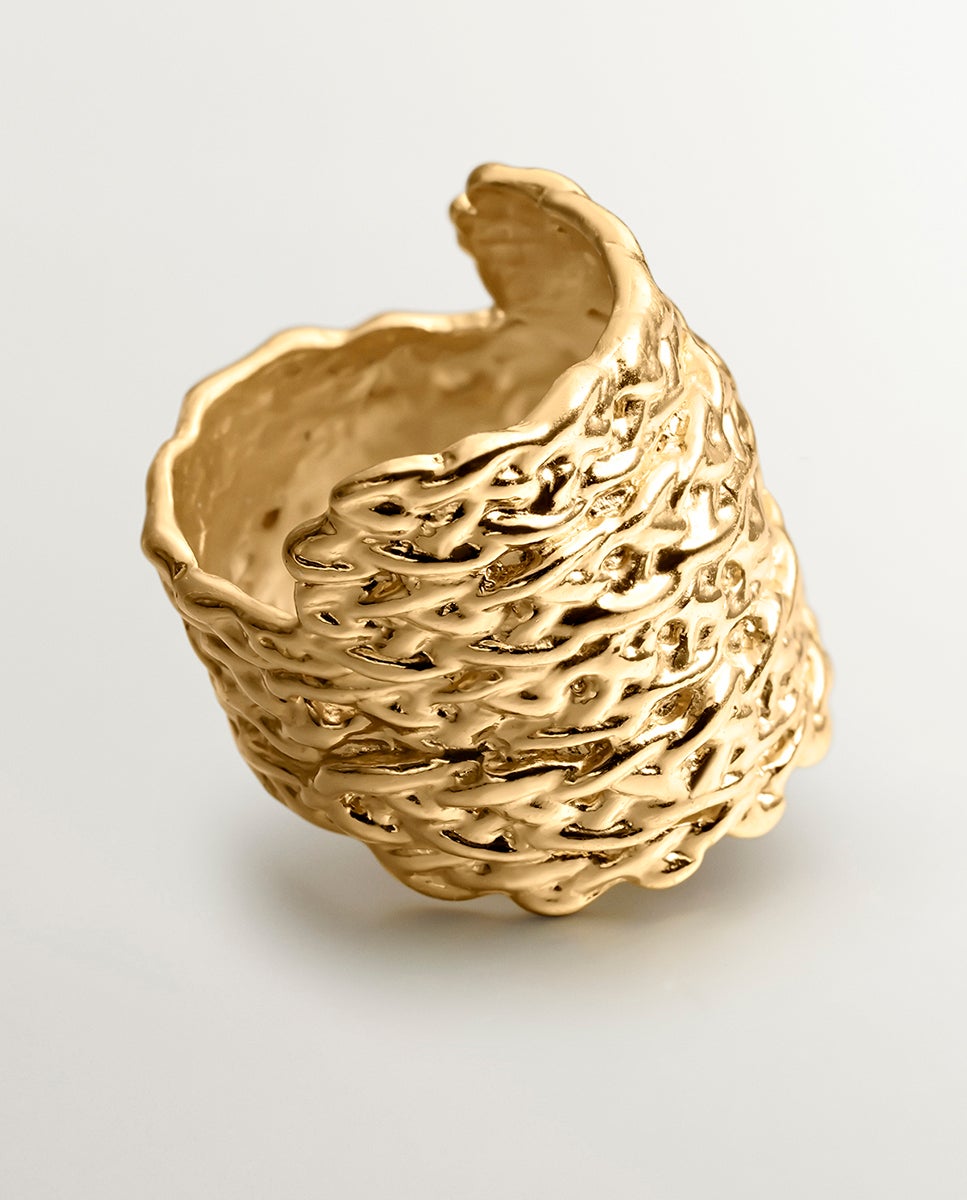 Anel Largo de Prata 925 Banhada em Ouro Amarelo de 18k com Textura de Vime Ouro-5
