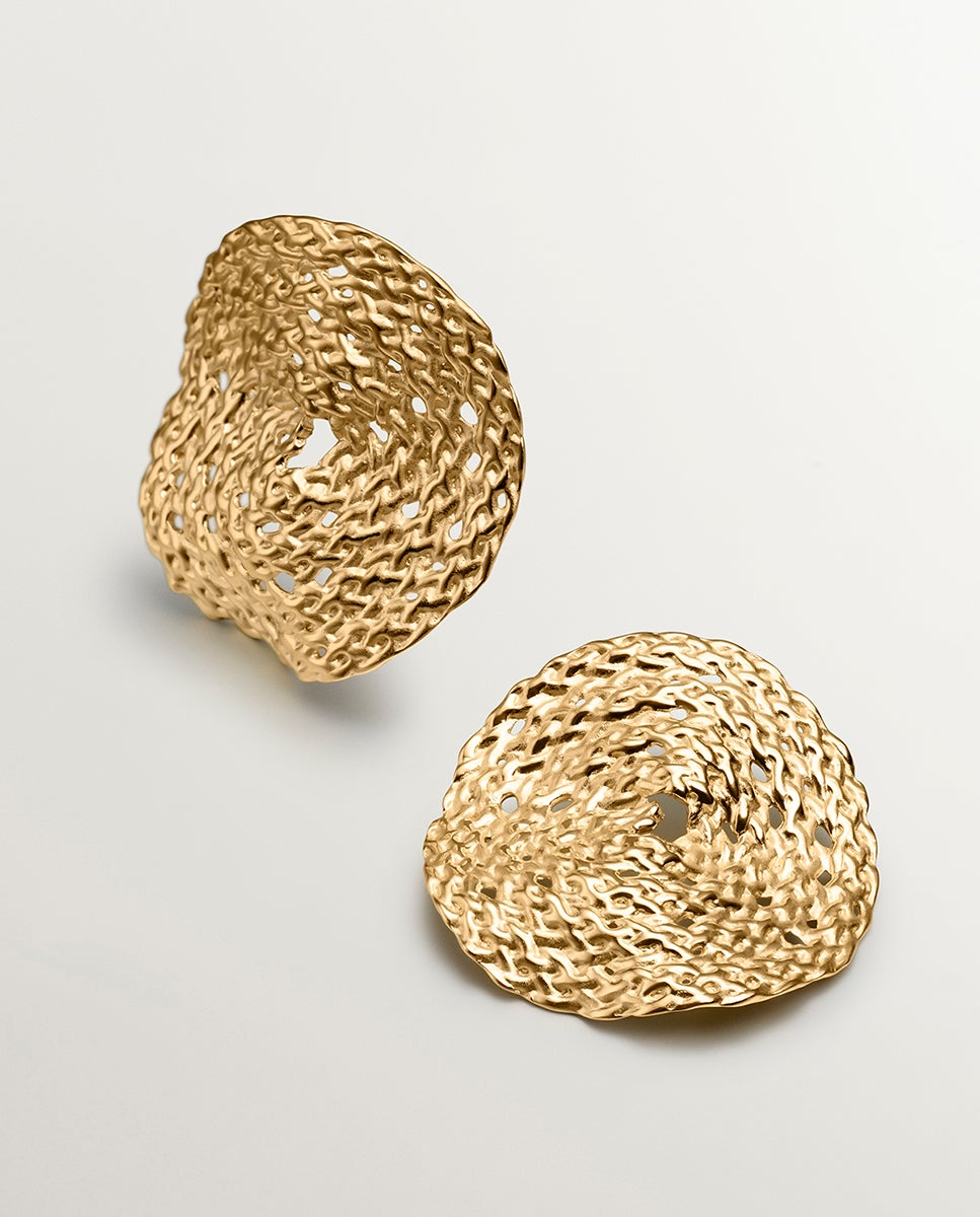 Brincos Grandes de Prata 925 Banhada em Ouro Amarelo de 18k com Textura de Vime Ouro-1