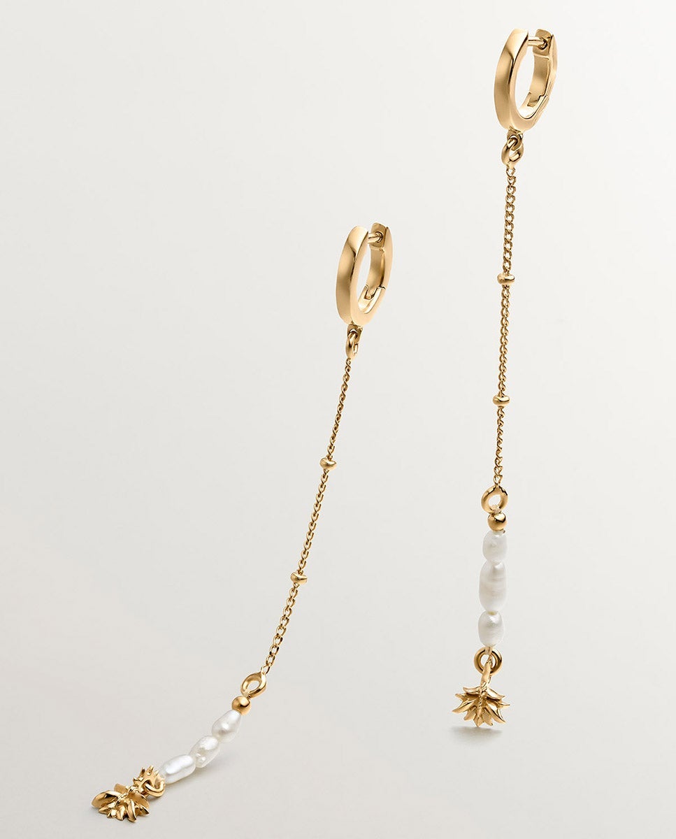 Brincos de Argola de Prata 925 Banhada a Ouro Amarelo de 18k com Pendente de Pérolas e Flor de Lótus Branco-3
