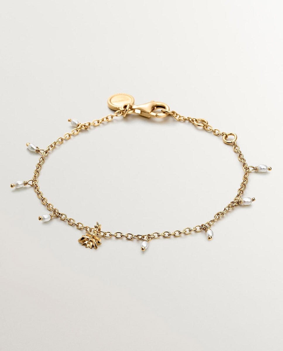 Pulseira de Prata 925 Banhada em Ouro Amarelo de 18k com Pérolas de Rio e Nenúfar Branco-1