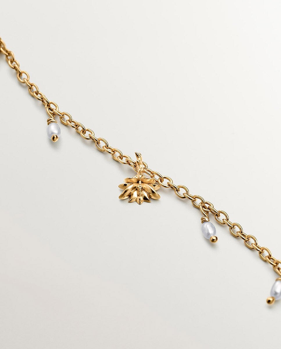 Pulseira de Prata 925 Banhada em Ouro Amarelo de 18k com Pérolas de Rio e Nenúfar Branco-3