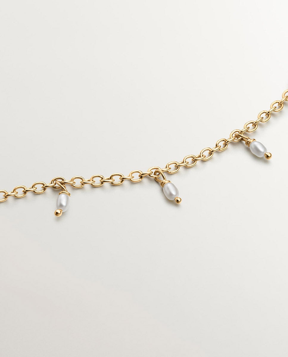 Pulseira de Prata 925 Banhada em Ouro Amarelo de 18k com Pérolas de Rio e Nenúfar Branco-5