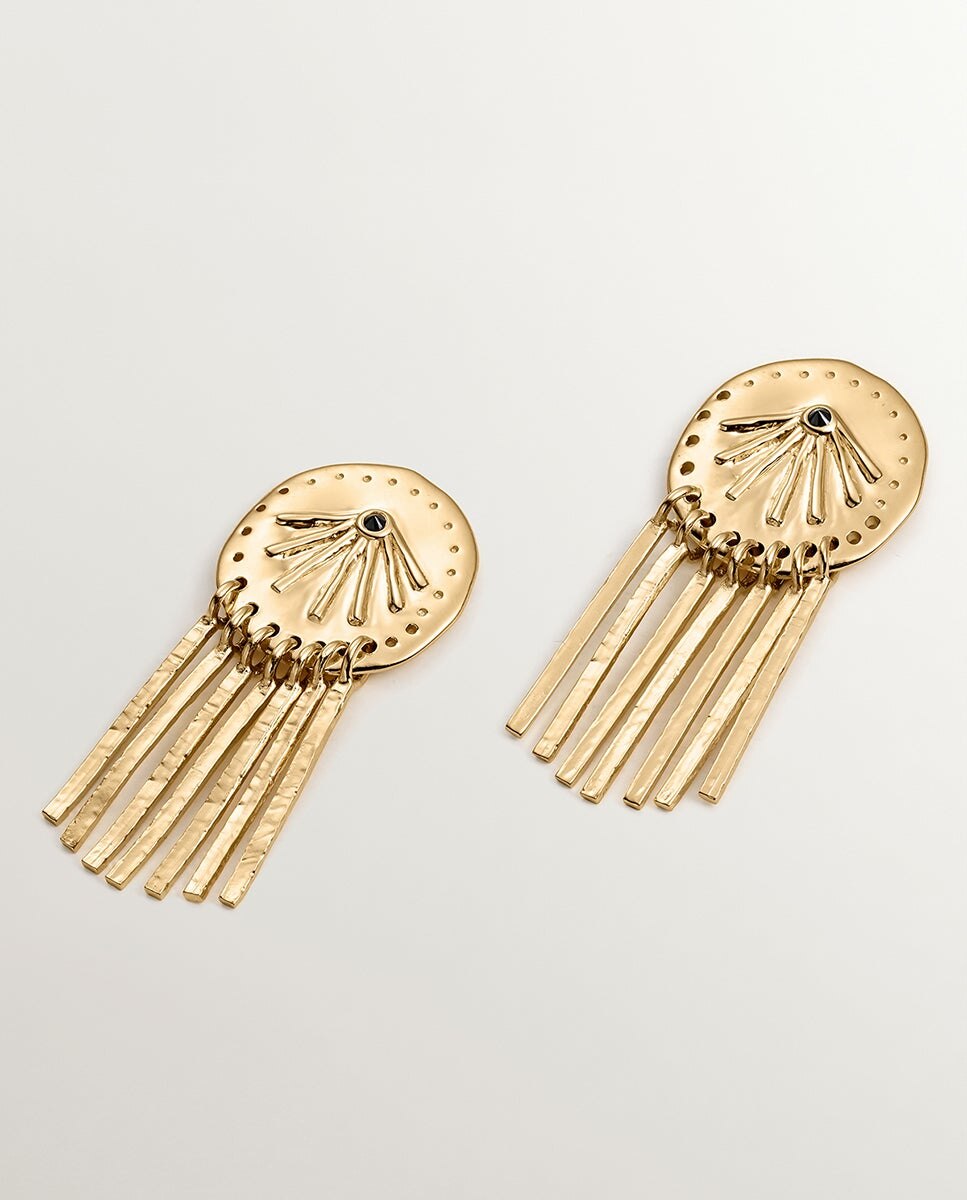 Brincos de Prata 925 Banhada em Ouro Amarelo de 18k com Espinelas Negras e Motivos Étnicos Preto-3
