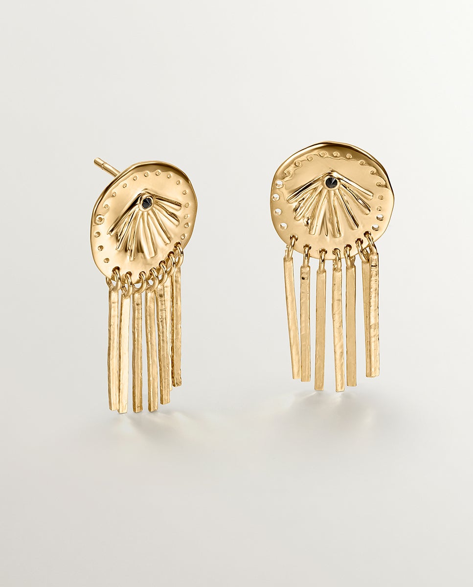 Brincos de Prata 925 Banhada em Ouro Amarelo de 18k com Espinelas Negras e Motivos Étnicos Preto-5