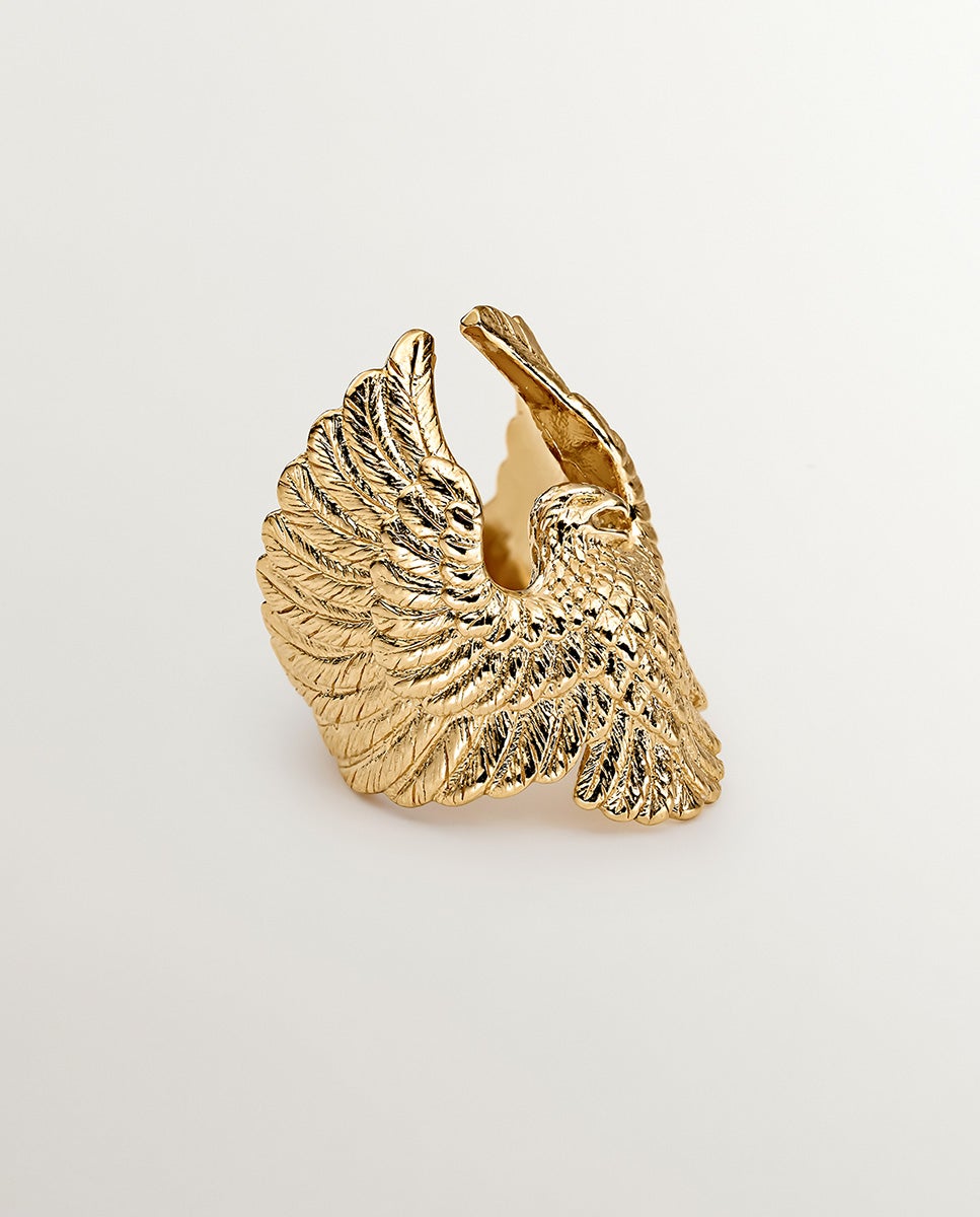 Anel Largo de Prata 925 Banhada em Ouro Amarelo de 18k com Forma de Águia Ouro-3