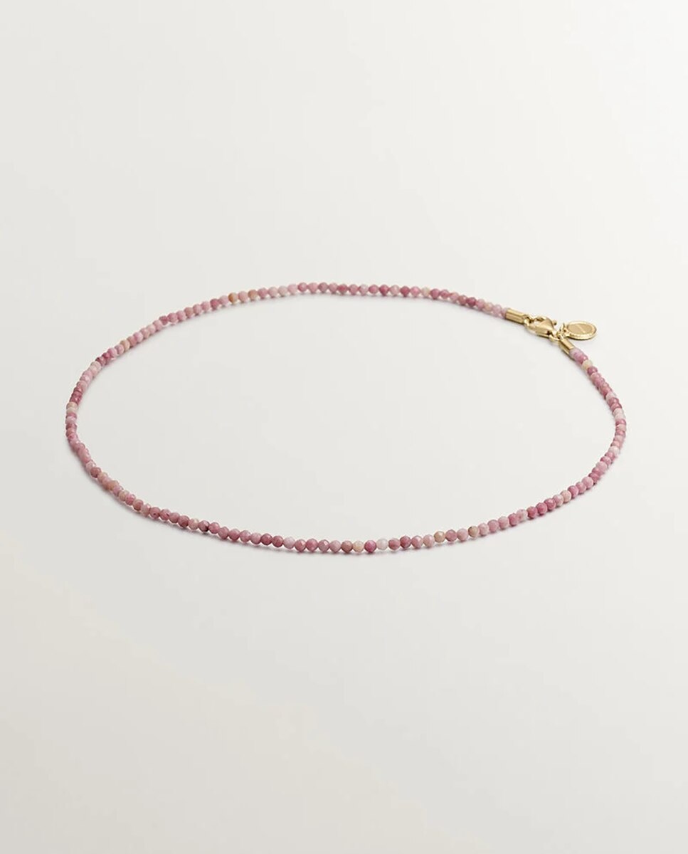 Colar de Prata 925 Banhada em Ouro Amarelo de 18k com Bolinhas de Rodonita Rosa Rosa-1